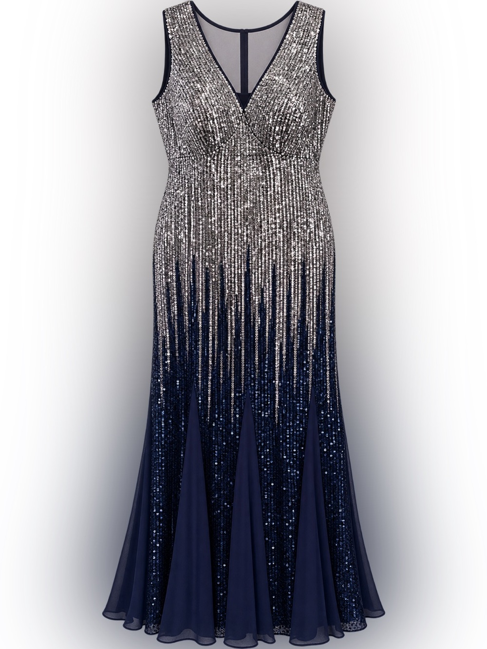 R&M Richards Navy and Silver Sequin V-Neck Evening Dress